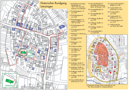 Karte des historischen Rundgangs in Lienzingen. Markiert sind die Nummern der 31 Tafeln, die vor Ort angebracht sind.
